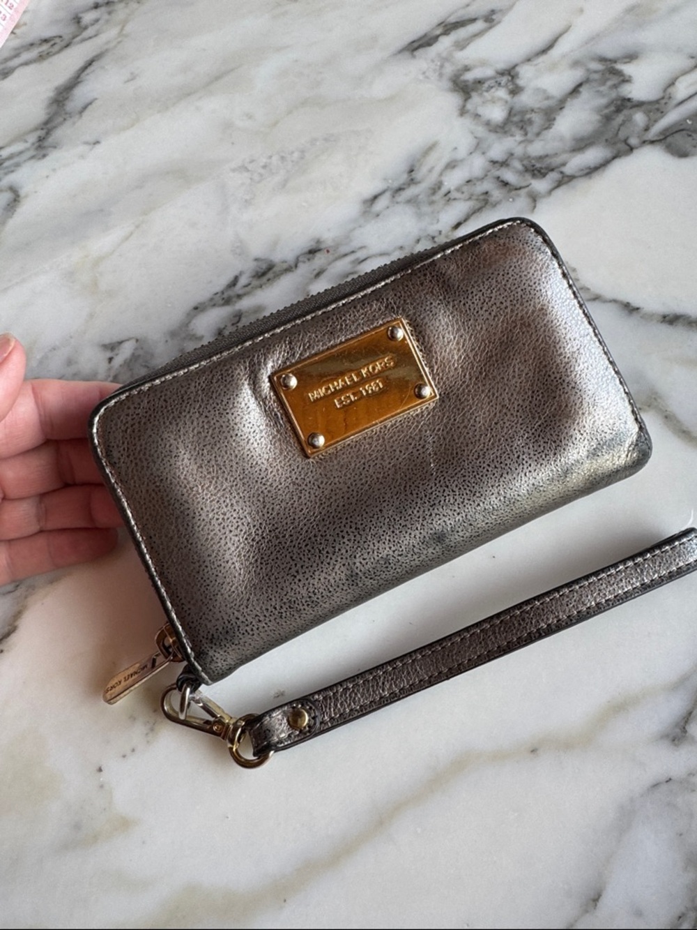 Michael Kors Metallic Pewter Leather Zip Around Wristlet with Gold Plaque